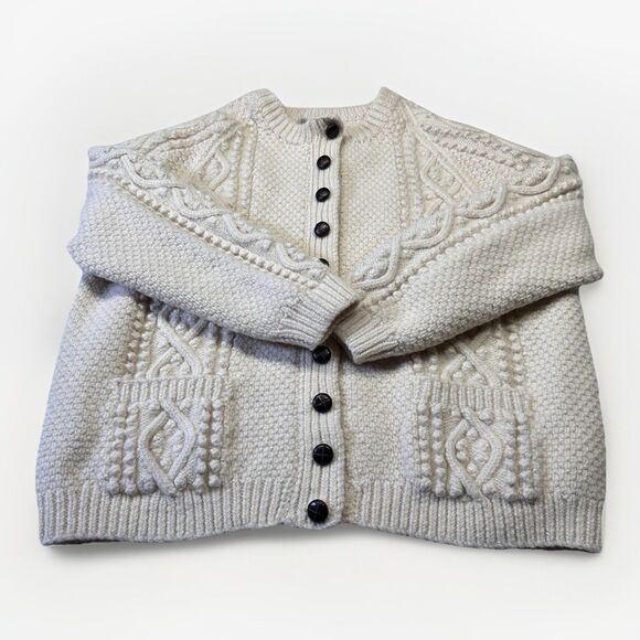 Blarney Woollen Mills Hand Knit Aran Wool Cardigan Cream Fisherman Sweater XL - Picture 1 of 7